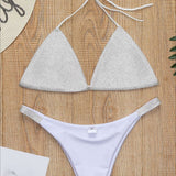 Kontrastni bikini set s halter trakom in rhinestones