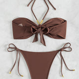 Rjav Halter Brezramni Bikini Set z Stranskimi Zavezavami