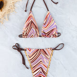 Retro Črtast Halter Zavezni Trikotni Bikini Komplet