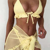 Ruffle Halter Tie Mesh Ruched Tri-delni kopalni set