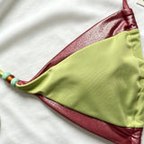 Zeleni Rjav Barvni Blok Beaded Halter Bikini Set