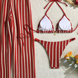 Črtaste Halter Vezeni Hlače Tri Delni Kopalni Set