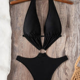 Seksi črn izrezan halter enodelni kopalke