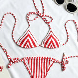 Retro Črtast Tiskani Bikini Set s Trikotnim Vezanjem