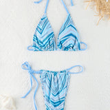 Retro Črtast Halter Zavezni Trikotni Bikini Komplet