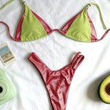 Zeleni Rjav Barvni Blok Beaded Halter Bikini Set