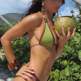 Zeleni Rjav Barvni Blok Beaded Halter Bikini Set