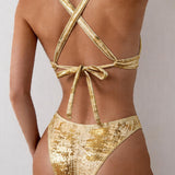 Seksi Shimmer Metalni Detajl Triangularni Bikini Set