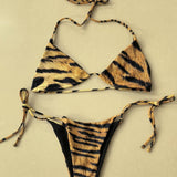 Seksi leopardji vzorec brez hrbta halter tie bikini komplet