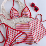 Črtasti Boyshort Visok Pas Tri Delni Kopalni Set