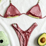 Zeleni Rjav Barvni Blok Beaded Halter Bikini Set