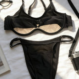 Črno prazno zanko bikini set z naramnicami