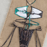 Metalni Halter Modro Rjav Barvni Blok Bikini Set