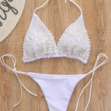 Bikini set z bisernim okrasjem in trakom na vratu