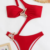 Solid Cutout Asymmetric Metal One Piece Swimwear