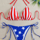 Halter Triangle Tie Bikiniji Set z ameriško zastavo