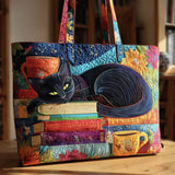 Artisan Tote - Črna mačka z knjigami in skodelicami