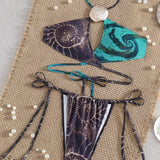 Metalni Halter Modro Rjav Barvni Blok Bikini Set