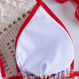 Črtasti Boyshort Visok Pas Tri Delni Kopalni Set