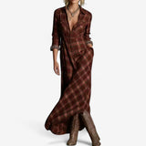 Ženska maxi obleka | Tartan vzorec z žepi in brezčasnim stilom