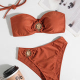 Retro visoko pasno bikini komplet s kovinskimi detajli brez naramnic