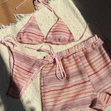 Halter Pleteni Barvni Blok Plažni Šortsi Tri Delni Kopalni Set
