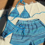 Halter Pleteni Barvni Blok Plažni Šortsi Tri Delni Kopalni Set