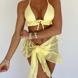 Ruffle Halter Tie Mesh Ruched Tri-delni kopalni set
