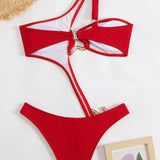 Solid Cutout Asymmetric Metal One Piece Swimwear