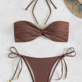 Rjav Halter Brezramni Bikini Set z Stranskimi Zavezavami