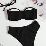 Retro visoko pasno bikini komplet s kovinskimi detajli brez naramnic
