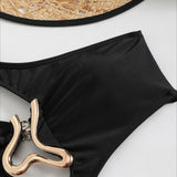 Solid Cutout Asymmetric Metal One Piece Swimwear