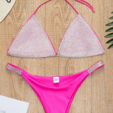 Kontrastni bikini set s halter trakom in rhinestones