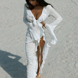 Ruffle dolg rokav z vezanjem pokrivalo